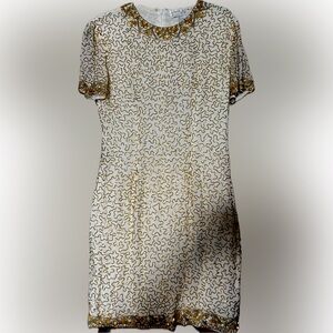 True Vintage A.J. Bari beaded Party Formal Dress Cream and Gold 100% Silk